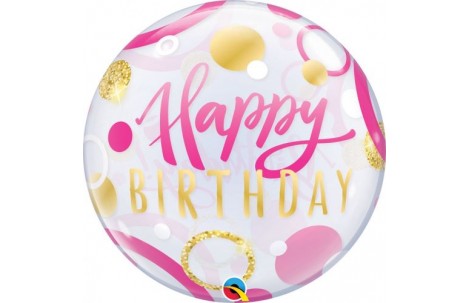 Μπαλόνι Bubble Μονό Happy Birthday Pink & Gold Dots 56 cm