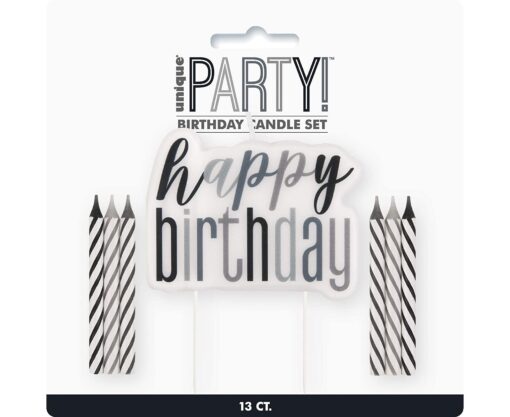 Κερί Happy Birthday & 12 κεράκια σε Μαύρο & Ασημί